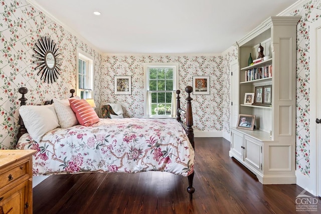 470 Harrington Dr, Austerlitz, NY 12017 - bedroom with wallpapered walls, dark wood-type flooring, crown molding, multiple windows, and baseboards
