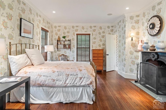 470 Harrington Dr, Austerlitz, NY 12017 - bedroom featuring wallpapered walls, multiple windows, hardwood / wood-style floors, ornamental molding, and baseboards