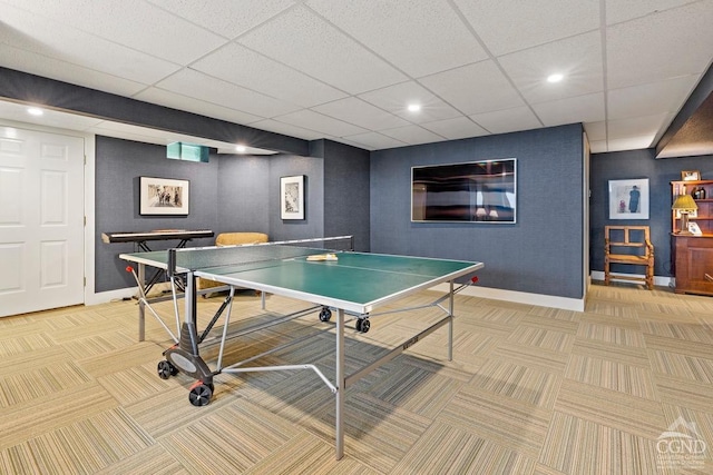 470 Harrington Dr, Austerlitz, NY 12017 - game room with light colored carpet, baseboards, recessed lighting, and a paneled ceiling