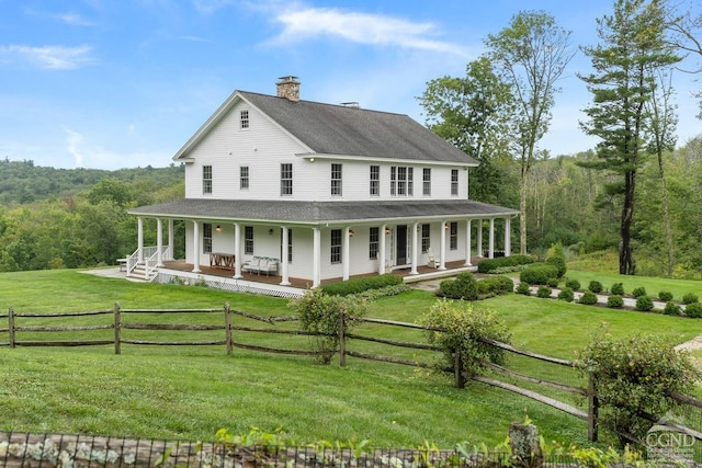 470 Harrington Dr, Austerlitz, NY 12017 - country-style home with a porch, a chimney, a forest view, and a shingled roof