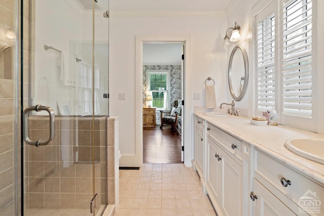 470 Harrington Dr, Austerlitz, NY 12017 - ensuite bathroom with a stall shower, double vanity, and crown molding