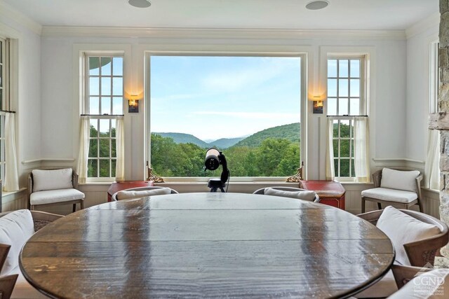 470 Harrington Dr, Austerlitz, NY 12017 - dining space featuring a mountain view and a wainscoted wall
