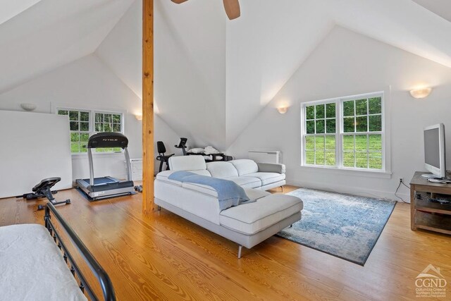 470 Harrington Dr, Austerlitz, NY 12017 - bedroom featuring lofted ceiling, wood finished floors, and ceiling fan