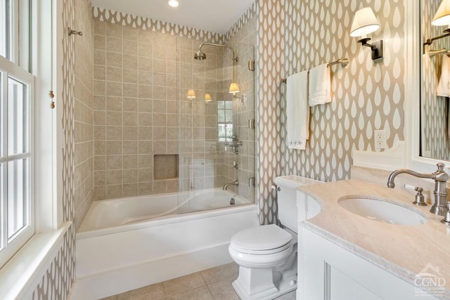 470 Harrington Dr, Austerlitz, NY 12017 - bathroom with toilet, tub / shower combination, tile patterned flooring, vanity, and wallpapered walls