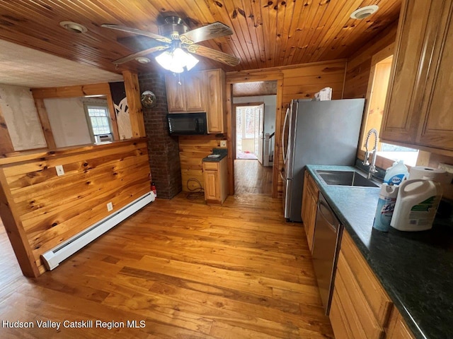 kitchen featuring appliances with stainless steel finishes, light wood-type flooring, baseboard heating, wooden ceiling, and wood walls