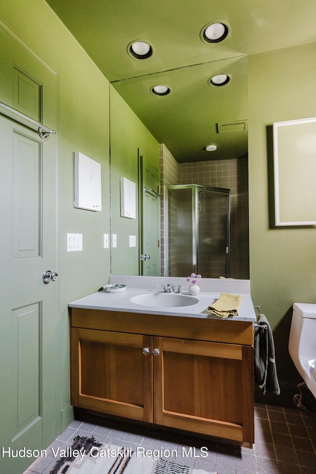 1114 County Route 3, Ancram, NY 12502 - bathroom with vanity, a shower stall, tile patterned floors, and recessed lighting