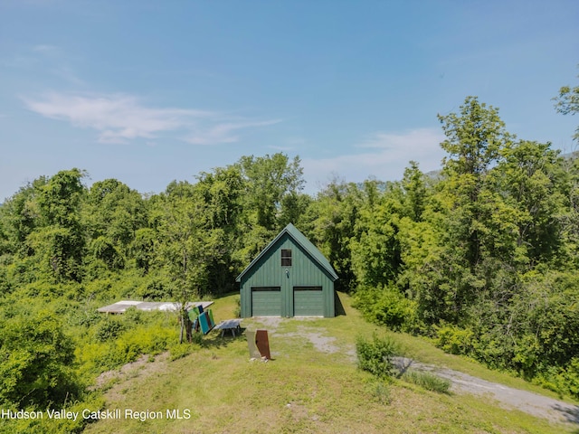 1114 County Route 3, Ancram, NY 12502 - view of yard featuring a garage, an outbuilding, driveway, and a wooded view