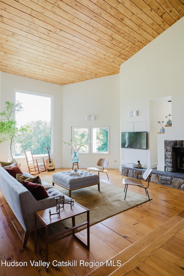 1114 County Route 3, Ancram, NY 12502 - living area featuring high vaulted ceiling, wooden ceiling, wood finished floors, and a stone fireplace