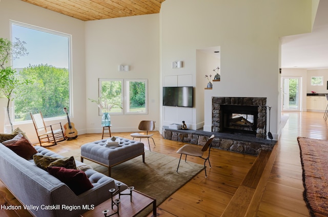 1114 County Route 3, Ancram, NY 12502 - living area featuring a stone fireplace, light wood-style floors, wooden ceiling, and a towering ceiling