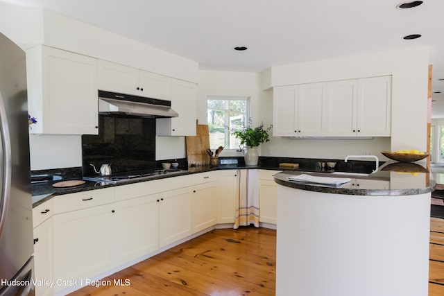 1114 County Route 3, Ancram, NY 12502 - kitchen featuring under cabinet range hood, stovetop, freestanding refrigerator, light wood-style flooring, and white cabinets