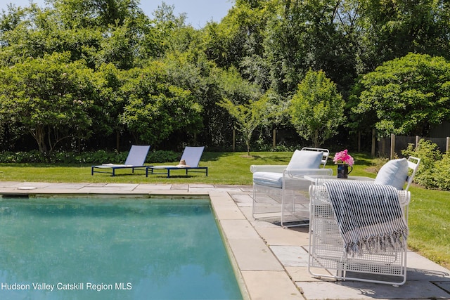 1114 County Route 3, Ancram, NY 12502 - outdoor pool featuring a patio area, a yard, and view of scattered trees