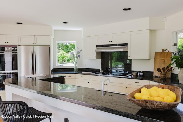 1114 County Route 3, Ancram, NY 12502 - kitchen with under cabinet range hood, freestanding refrigerator, white cooktop, dark stone counters, and white cabinetry