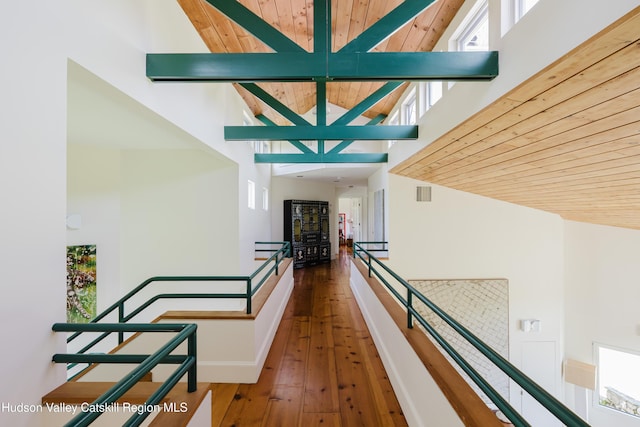 1114 County Route 3, Ancram, NY 12502 - hall with high vaulted ceiling, plenty of natural light, hardwood / wood-style flooring, and wood ceiling