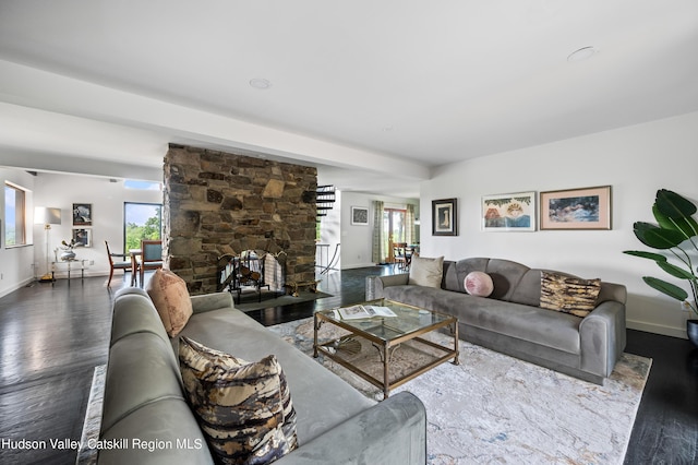 living room with a fireplace and wood-type flooring