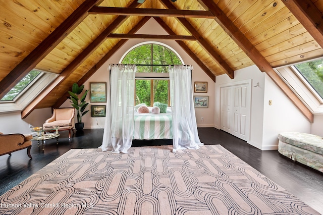 unfurnished bedroom with beam ceiling, wooden ceiling, and high vaulted ceiling