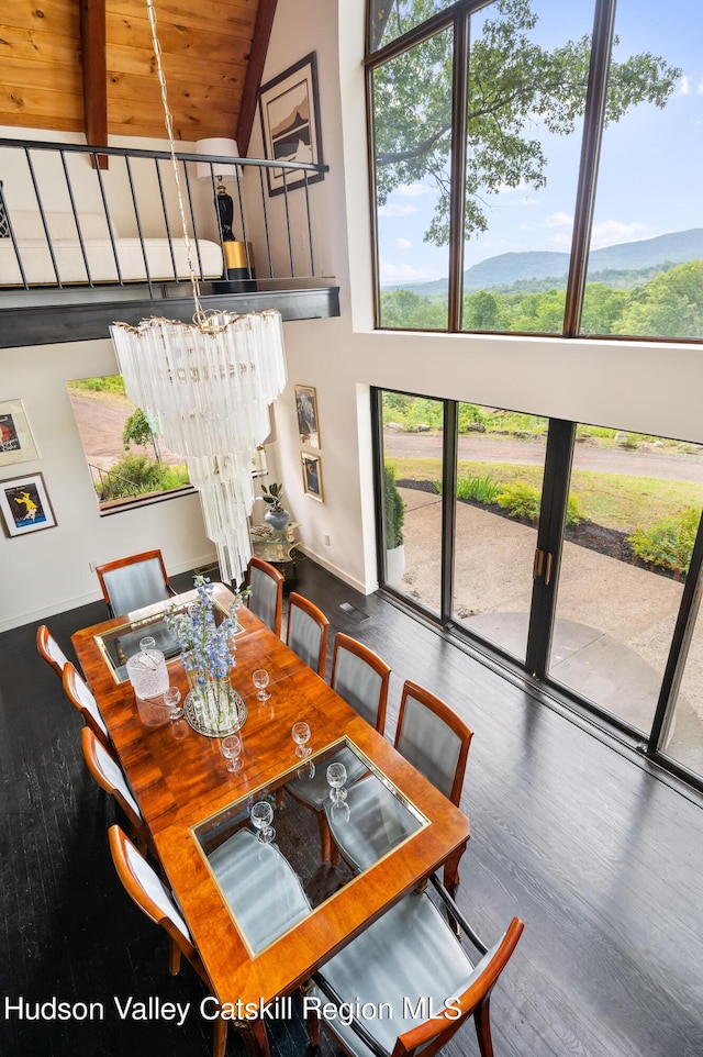 dining room with wooden ceiling, high vaulted ceiling, a healthy amount of sunlight, and wood-type flooring