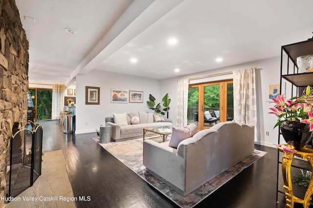 living room featuring dark wood-type flooring