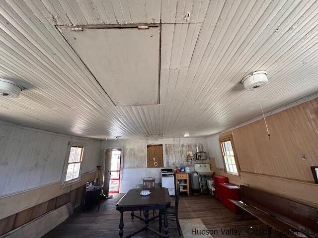 dining space with wooden ceiling and dark wood-type flooring