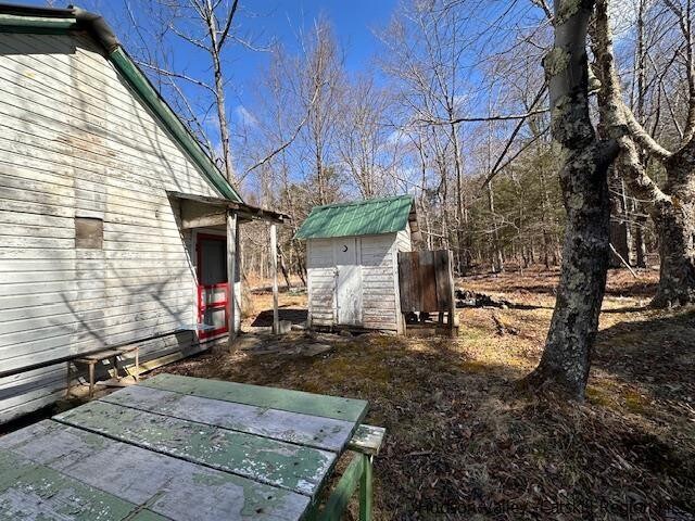 view of yard with a storage shed