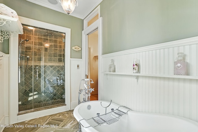 125 Bedell Rd, Poughkeepsie Town, NY 12603 - full bath with a freestanding bath, a wainscoted wall, a shower stall, and crown molding