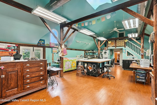 125 Bedell Rd, Poughkeepsie Town, NY 12603 - miscellaneous room featuring wood finished floors, a skylight, high vaulted ceiling, and ceiling fan