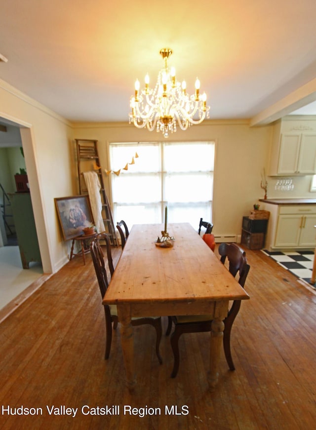 171 State Route 208, New Paltz, NY 12561 - dining space with hardwood / wood-style floors, a chandelier, crown molding, and baseboard heating