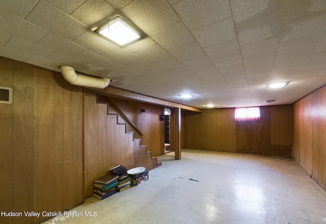 basement with wooden walls