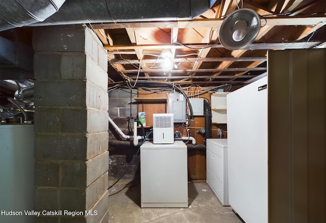 basement with electric panel, water heater, and independent washer and dryer