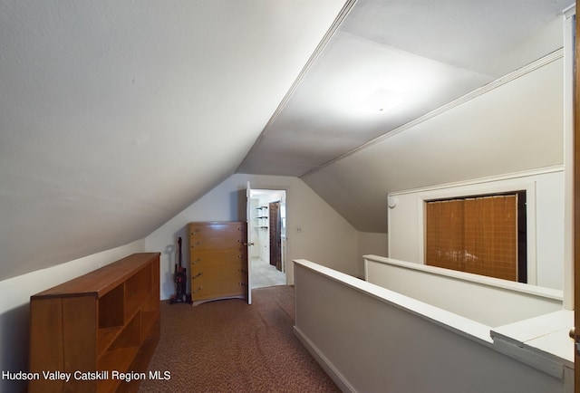 additional living space with dark colored carpet and lofted ceiling