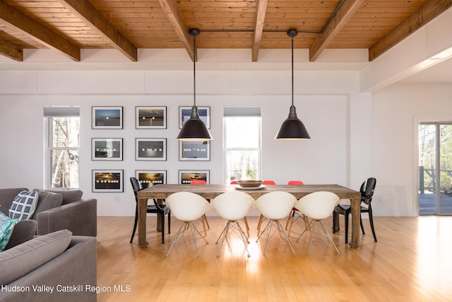 dining room featuring wood ceiling, light wood-type flooring, and beam ceiling