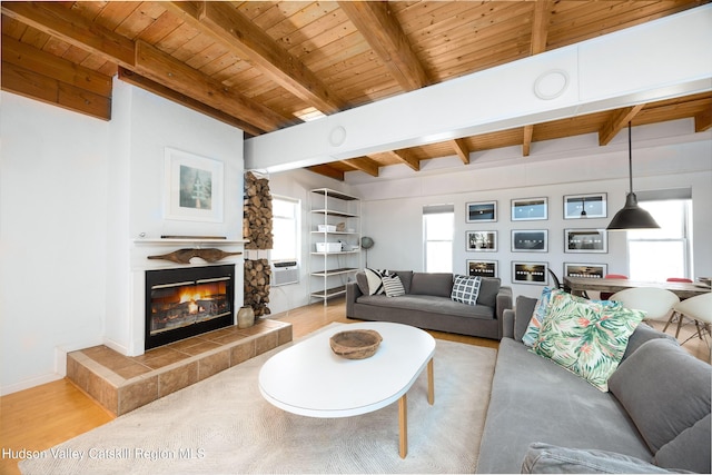 living area featuring a fireplace, a wall mounted air conditioner, wood finished floors, wooden ceiling, and beamed ceiling