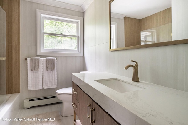 55 Ginger Rd, High Falls, NY 12440 - bathroom with a baseboard heating unit, toilet, vanity, crown molding, and shower / bath combination