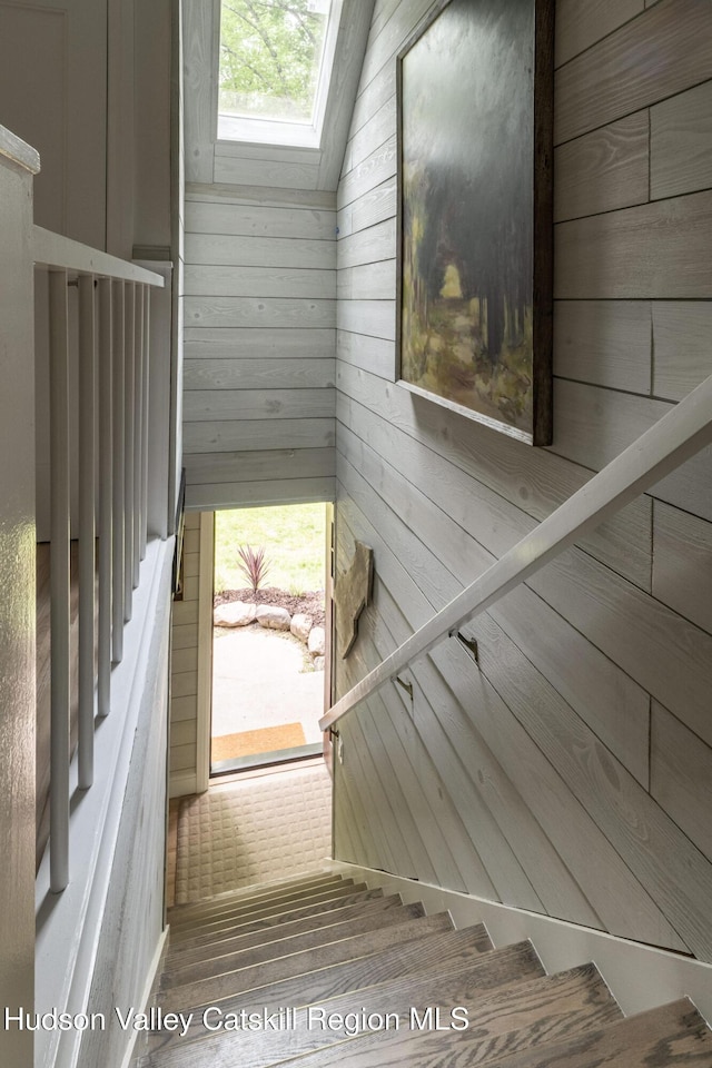 55 Ginger Rd, High Falls, NY 12440 - stairs featuring wooden walls and a skylight