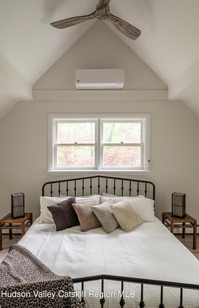 55 Ginger Rd, High Falls, NY 12440 - bedroom featuring an AC wall unit, vaulted ceiling, multiple windows, and ceiling fan