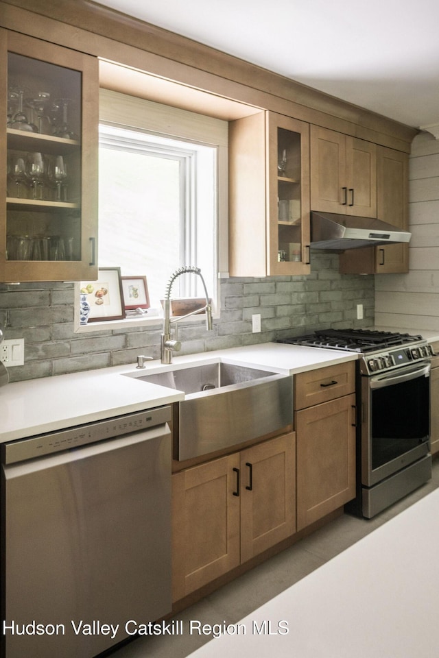 55 Ginger Rd, High Falls, NY 12440 - kitchen with stainless steel appliances, under cabinet range hood, backsplash, a sink, and light countertops