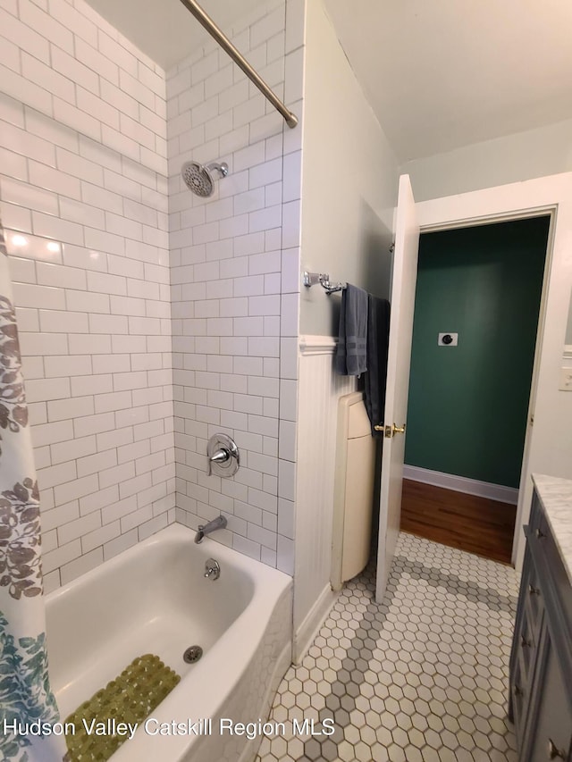 223 Church Rd, Livingston Manor, NY 12758 - bathroom with shower / bath combination with curtain, tile patterned floors, wainscoting, and vanity