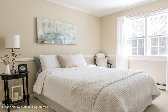 carpeted bedroom with baseboard heating, multiple windows, and crown molding