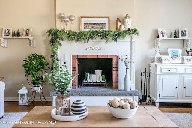 interior space featuring wood finished floors and a fireplace