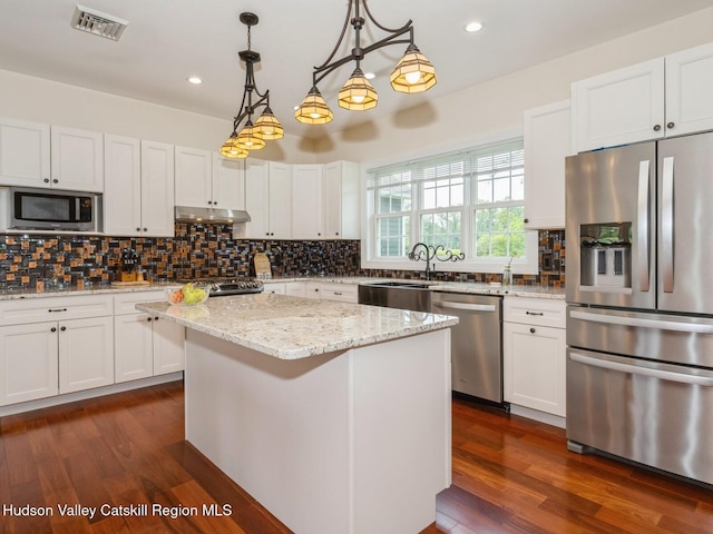 40 Bridle Path Ln, High Falls, NY 12440 - kitchen featuring stainless steel appliances, under cabinet range hood, dark wood-type flooring, white cabinetry, and recessed lighting