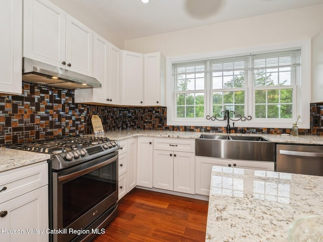 40 Bridle Path Ln, High Falls, NY 12440 - kitchen with appliances with stainless steel finishes, under cabinet range hood, decorative backsplash, white cabinetry, and dark wood-style floors