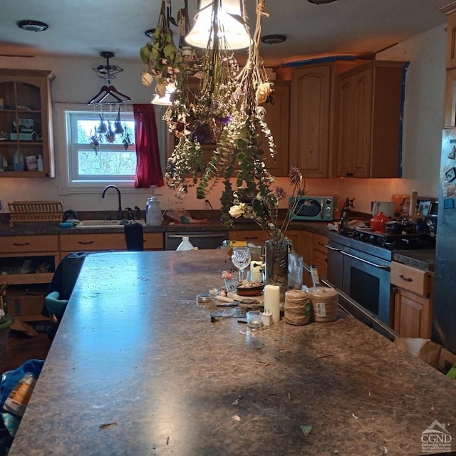 kitchen with a sink, stainless steel appliances, decorative light fixtures, a chandelier, and glass insert cabinets