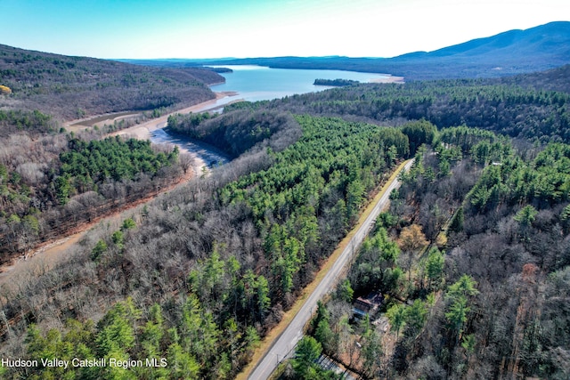 bird's eye view featuring a water and mountain view