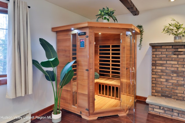 view of sauna with hardwood / wood-style flooring