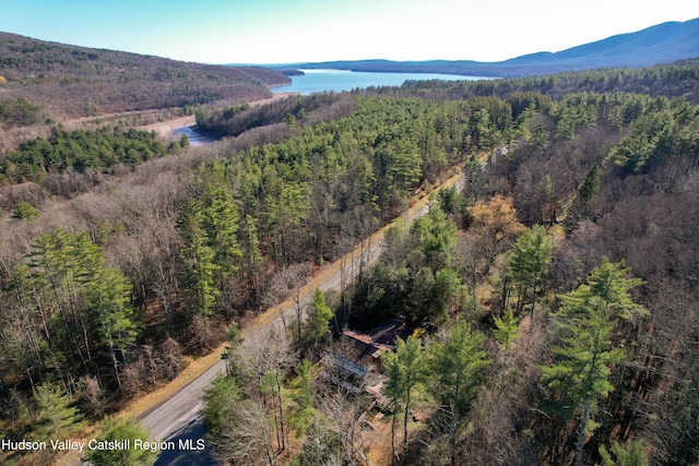 bird's eye view with a water and mountain view