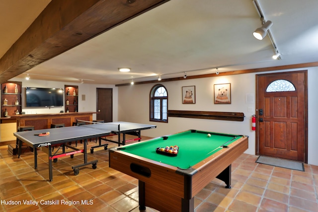 rec room with rail lighting, light tile patterned floors, and pool table