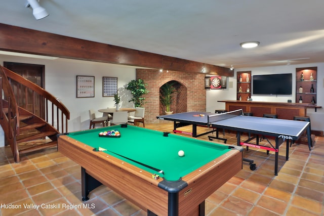 rec room featuring tile patterned floors, beam ceiling, and pool table