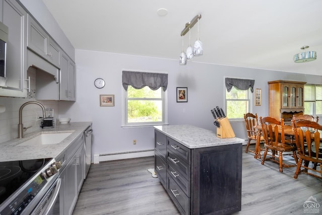 27 Upper Cady Rd, Old Chatham, NY 12136 - kitchen featuring a baseboard radiator, a sink, appliances with stainless steel finishes, tasteful backsplash, and gray cabinets