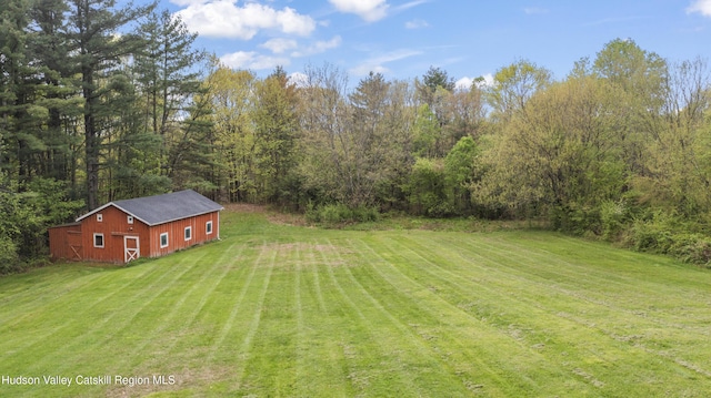 27 Upper Cady Rd, Old Chatham, NY 12136 - view of grassy yard featuring an outdoor structure, a barn, and a view of trees