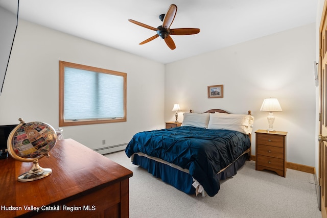 carpeted bedroom with baseboard heating and ceiling fan