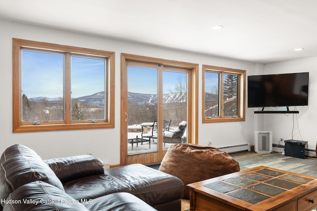 living room featuring hardwood / wood-style flooring and a baseboard heating unit